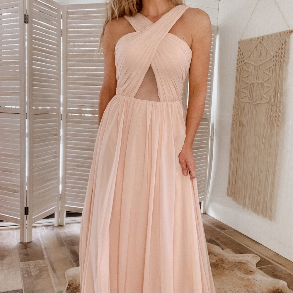 Light pink cutout criss cross bridesmaid dress